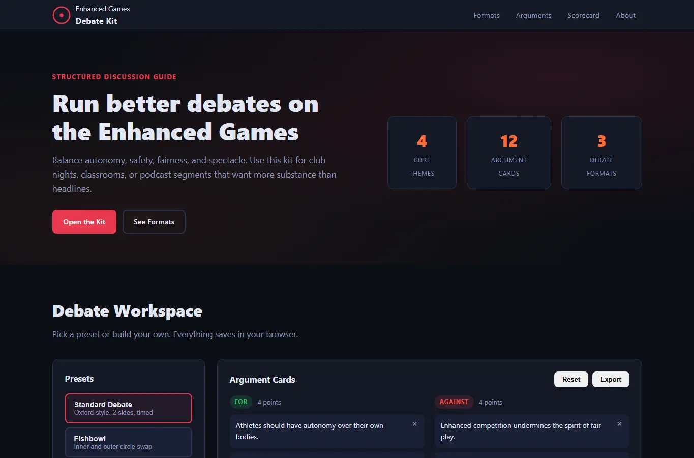 Screenshot of Enhanced Games Debate Kit interface showing the project page in use